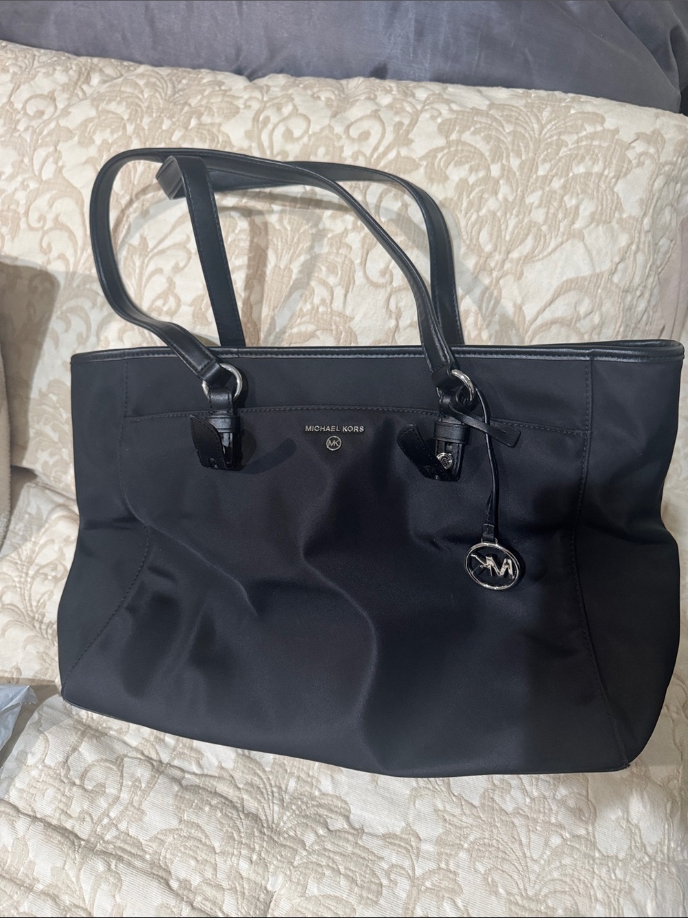 Michael Kors Black Nylon Tote with Logo Pendant